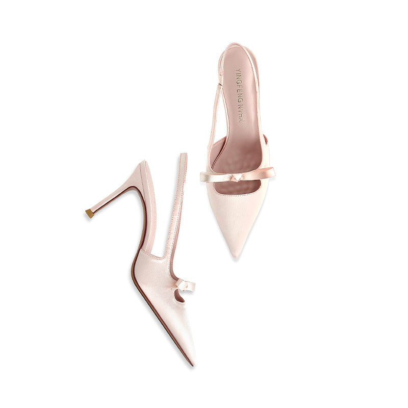 Hollow-out Bow French Satin Stiletto Heels - pink