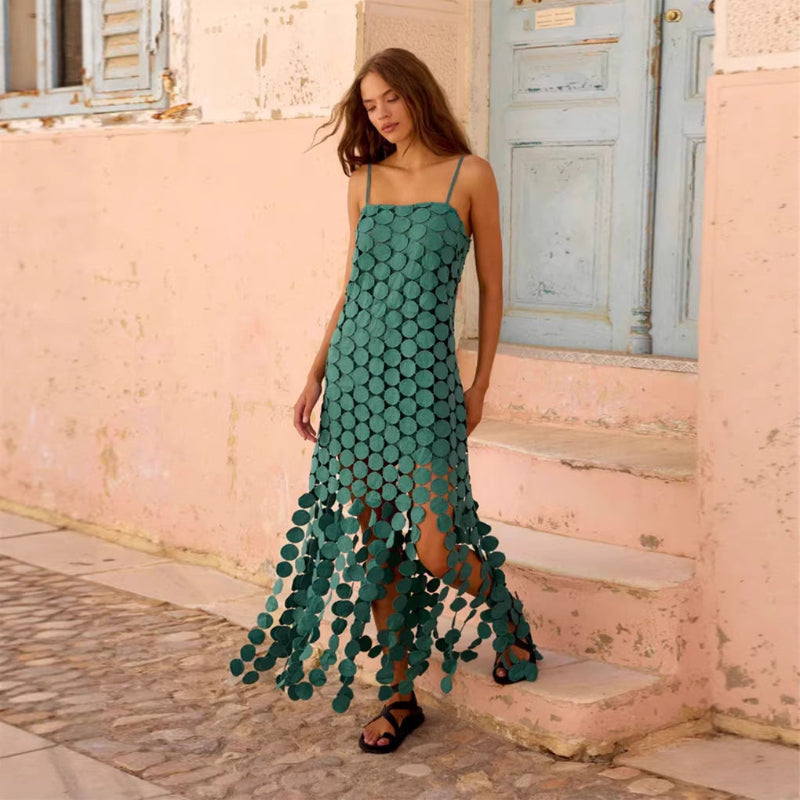 Hollow-Out Polka Dot Midi Slip Dress - green