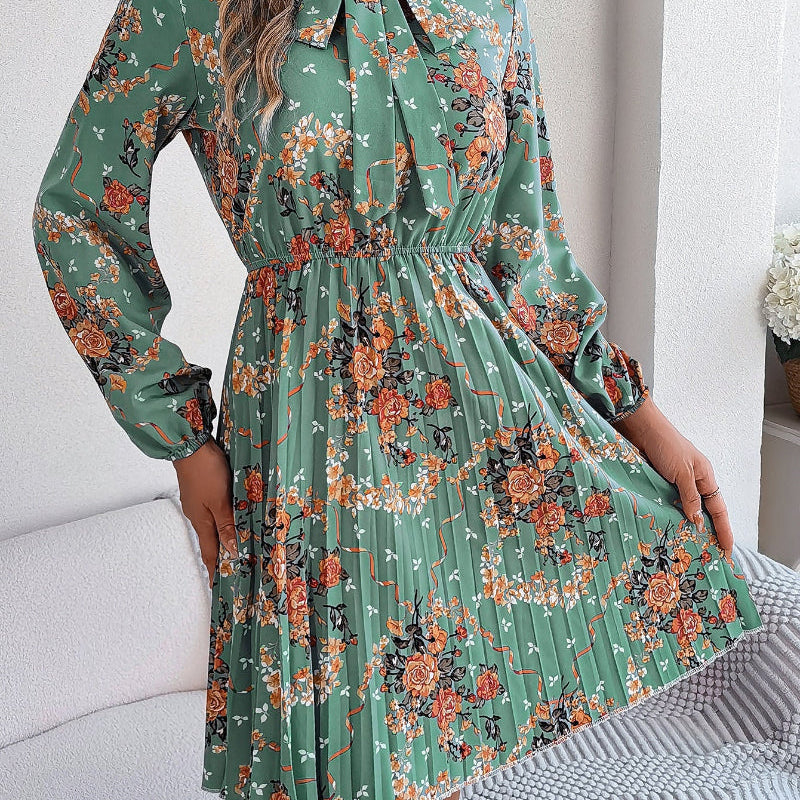 Elegant Floral Lace-Up Pleated Dress