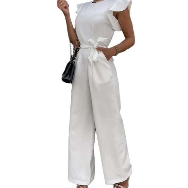 Ruffle Sleeve Belted Wide-Leg Jumpsuit - whie