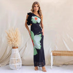 Model wearing white one shoulder slim fit printed tulle midi dress with high waist and gentle elegance