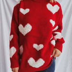 Heart Round Neck Dropped Shoulder Sweater - runwayfashionista.com