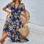 Leisure vacation printed high waisted dress