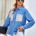 Raw Hem Button Up Long Sleeve Denim Jacket -runwayfashionista.com
