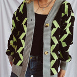 Contrast Trim Geometric V-Neck Long Sleeve Cardigan - runwayfashionista.com