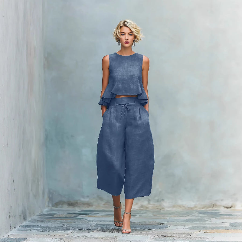 Round NeckSleeveless Top And Loose Wide-leg Pants - navy blue