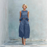 Round NeckSleeveless Top And Loose Wide-leg Pants - navy blue