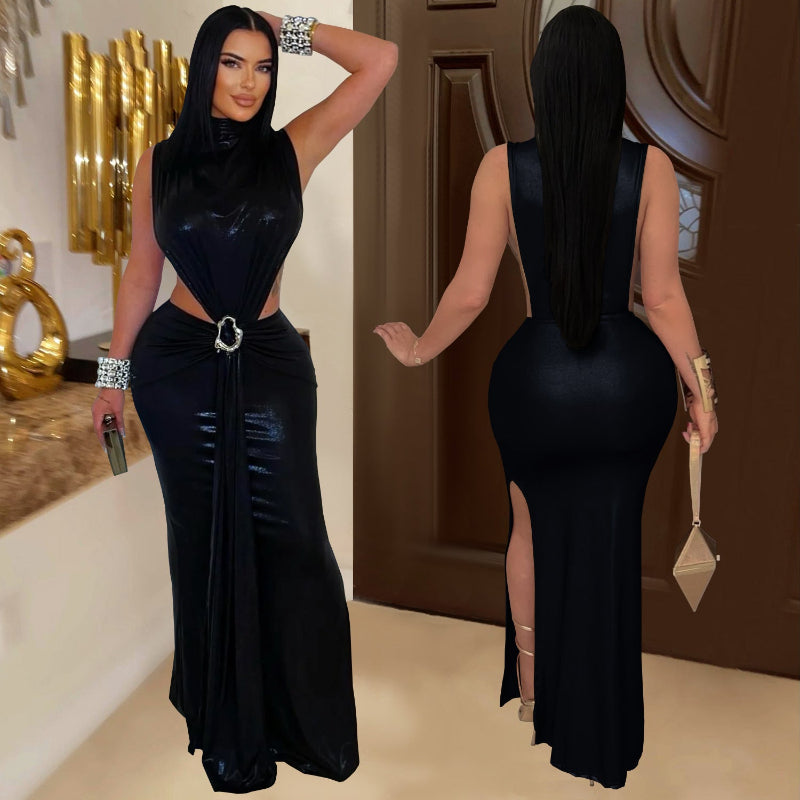 This sleek high-neck midi dress commands attention with its bold, sleeveless design—perfect for making a daring statement.