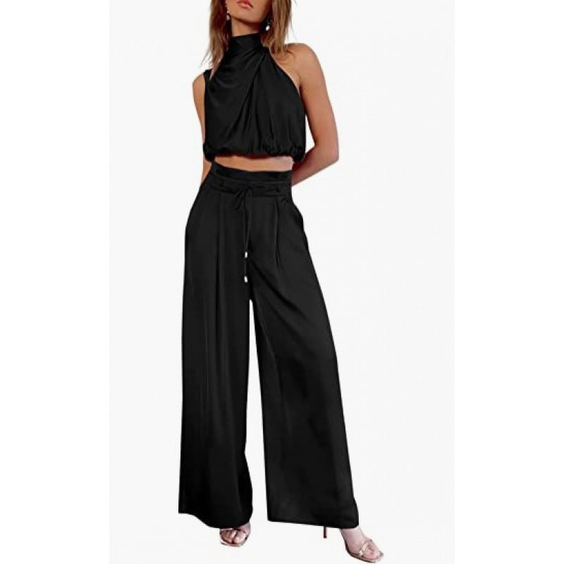 Casual Sleeveless Midriff-baring Top And Wide Leg Pants 2pcs Set - black