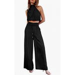Casual Sleeveless Midriff-baring Top And Wide Leg Pants 2pcs Set - black