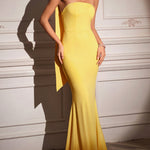 Elegant Strapless Ribbon-Trimmed Evening Gown - yellow