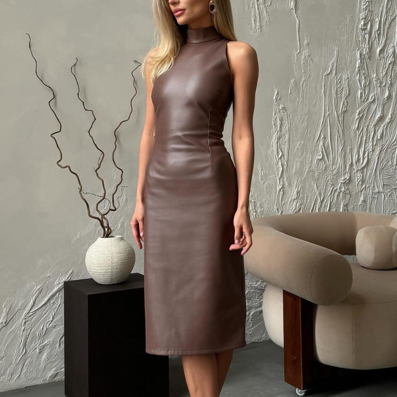 Sleeveless Stand-Up Collar Slit Midi Dress