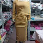 One-Shoulder Split Midi Dress with Off-Shoulder Design - gold