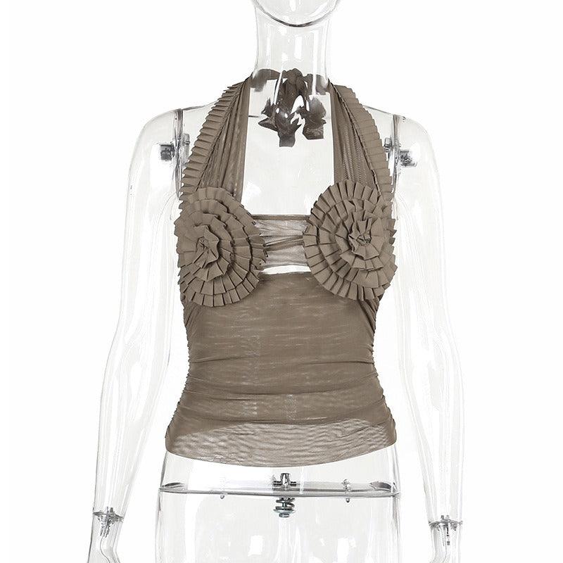 Mesh splicing hanging neck top