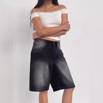 A pair of dark blue, mid-length, vintage-style denim shorts with a distressed finish. The shorts are laid flat, showcasing the straight-leg cut and medium-rise waist.