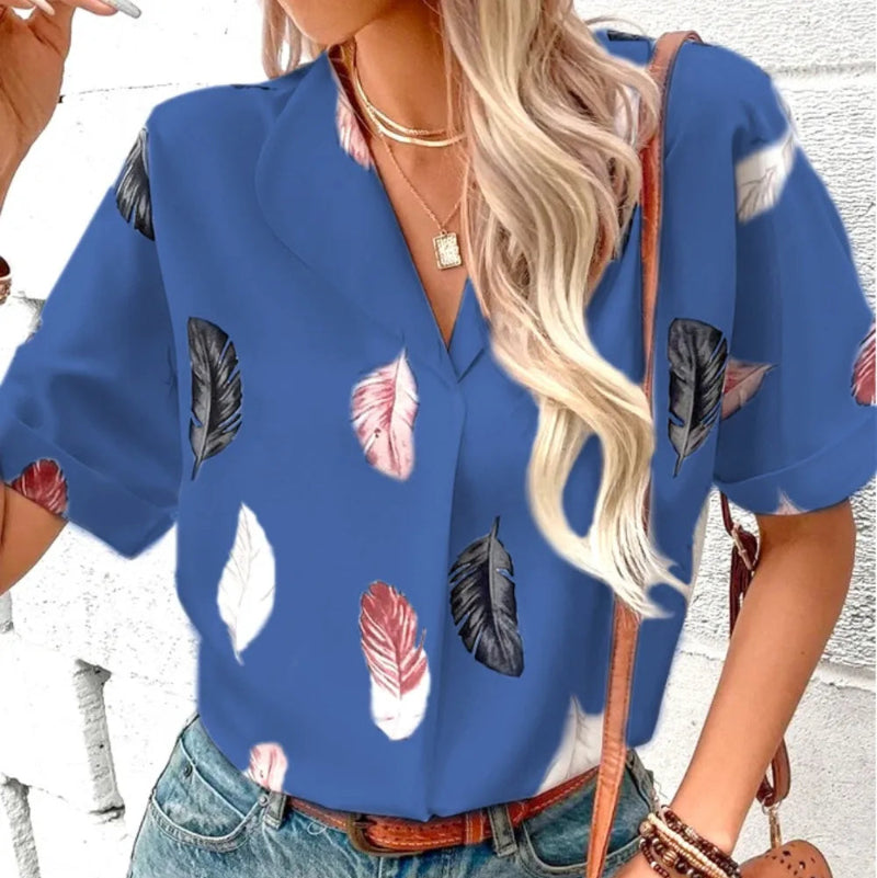 Printed Collared Neck Short Sleeve Blouse - runwayfashionista.com