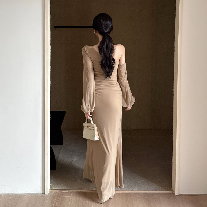 Slant Shoulder Mesh One Shoulder Midi Design Dress