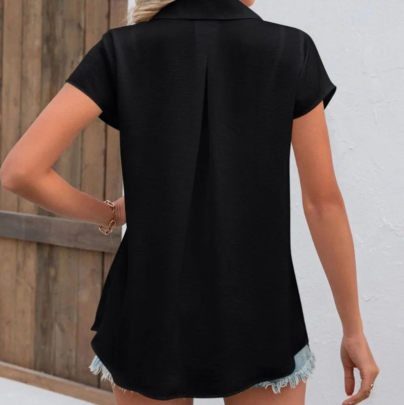 Button Up Collared Neck Short Sleeve Shirt -runwayfashionista.com