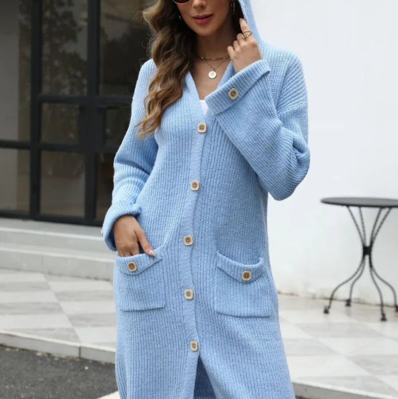 Pocketed Button Up Long Sleeve Hooded Cardigan - runwayfashonista.com