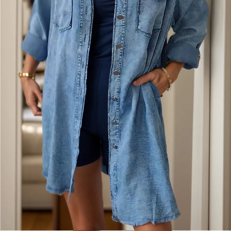 Pocketed Button Up Long Sleeve Denim Jacket - runwayfashionista.com
