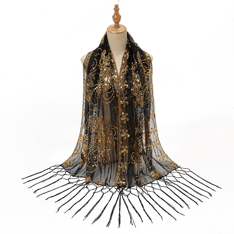 Long Fringe Sequin Embroidered Shawl