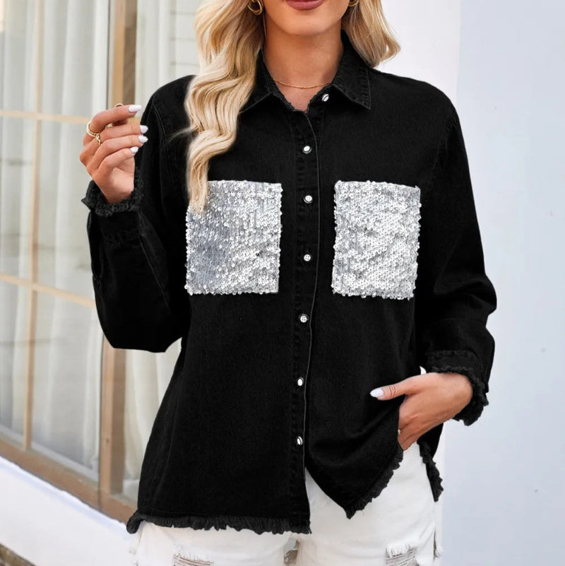 Raw Hem Button Up Long Sleeve Denim Jacket -runwayfashionista.com