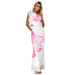 Model wearing white one shoulder slim fit printed tulle midi dress with high waist and gentle elegance