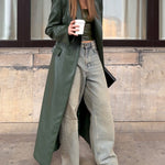 Olive Green Leather Maxi Trench Coat With Shoulder Pads