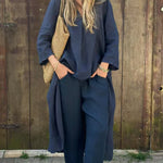V-neck Long Top And High Waist Wide Leg Pants -navy blue
