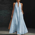 V-neck A-line Maxi Dress - light blue