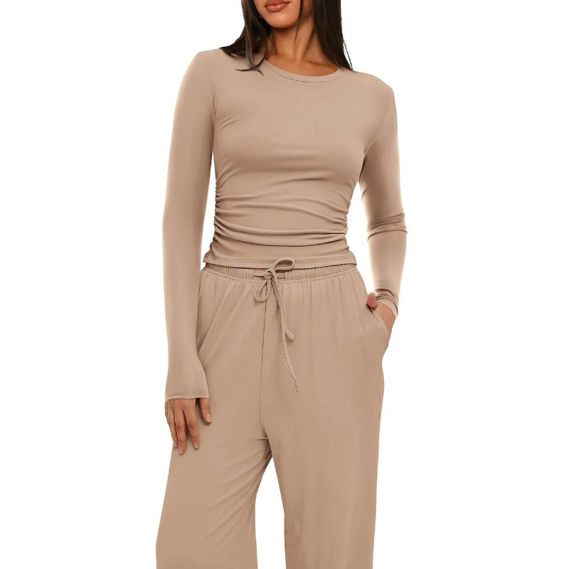 2 Pieces Long Sleeve Tops High Waisted Wide Leg Pants