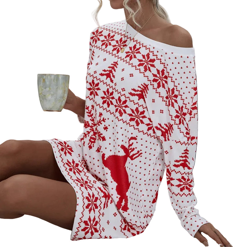 Christmas Snowflake Print Long-Sleeve Dress