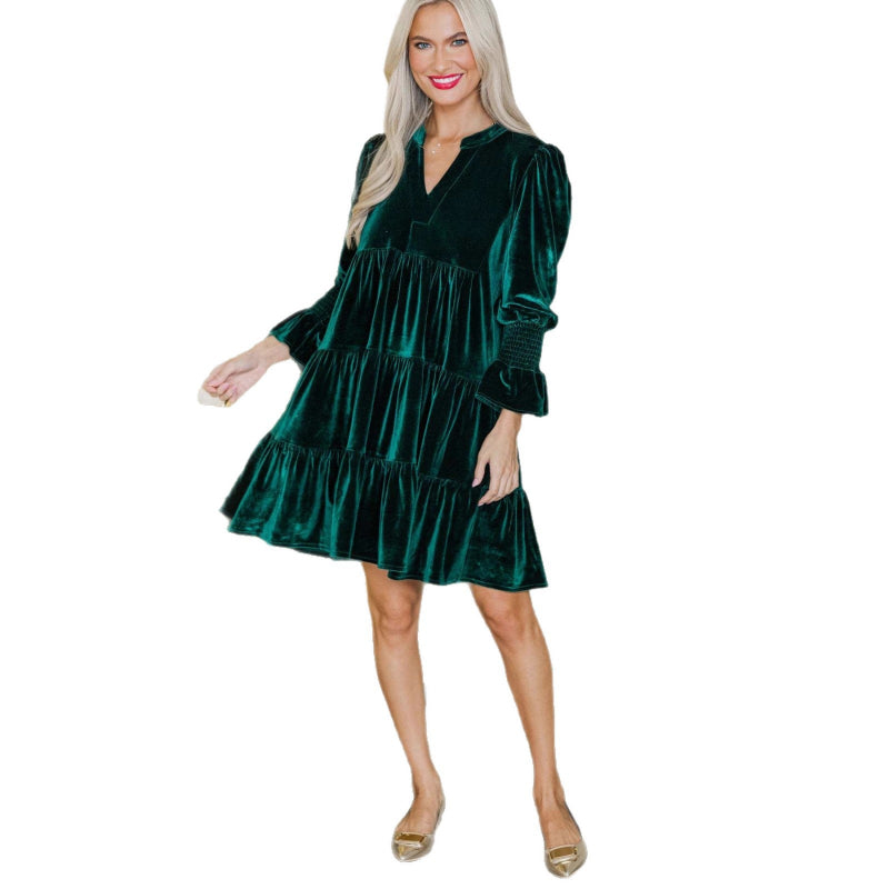 V-Neck Puff-Sleeve Velvet Mini Dress