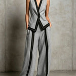 Contrast Trim Vest & Wide Leg Pants Set - grey