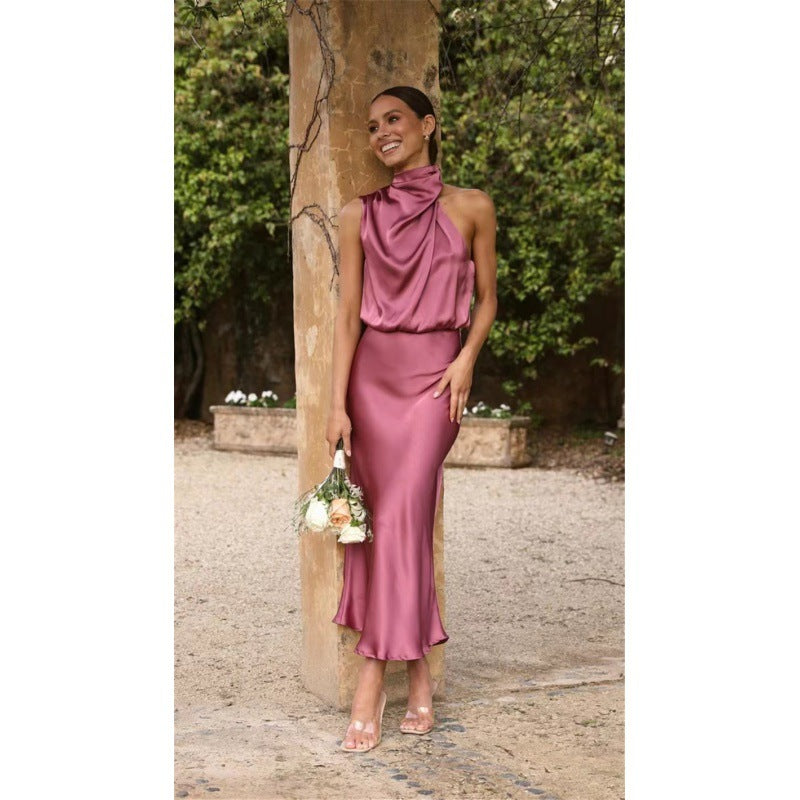 Draped Halter Neck Satin-Finish Midi Dress - purple