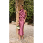 Draped Halter Neck Satin-Finish Midi Dress - purple