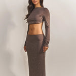 Mocha Rhinestone-Embellished Crop Top Maxi Dress