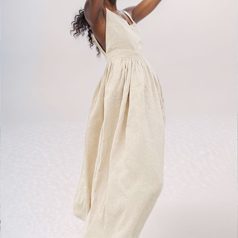 V-neck Suspender Split Midi Dress - white