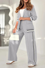2 Pcs Set Long Sleeves Jacket Wide Leg High Waist Trousers Outfit - grey