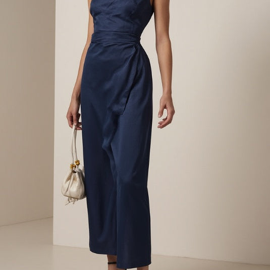 Midnight Elegance Satin Maxi Dress With Floral Shoulder Detail