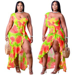 Two images of a woman wearing a colorful dress with a white background