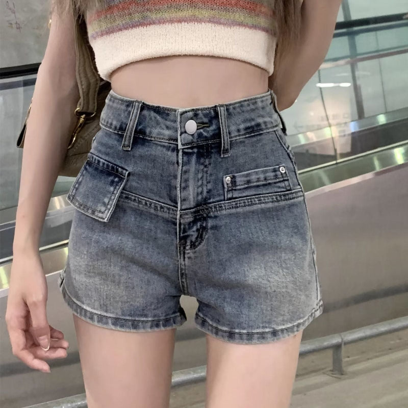 Retro High-Waist Loose Denim Shorts - blue