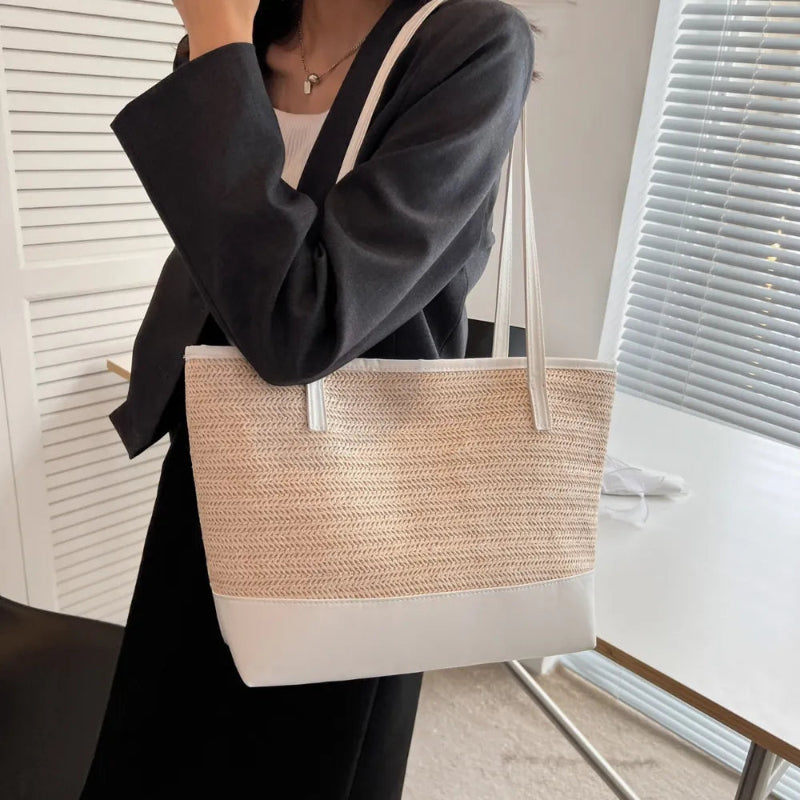 Chic Straw Weave Tote with Leather Straps - runwayfashionistacom