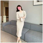 Chic French-Style Knit Sweater Dress With A Herringbone Pattern Two-Piece Set - beige