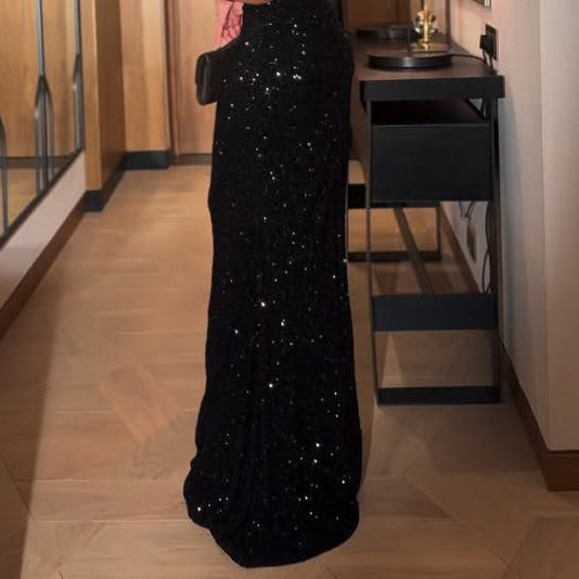 Black Sequin Halter Neck Mermaid Gown With Full Sparkle Detail