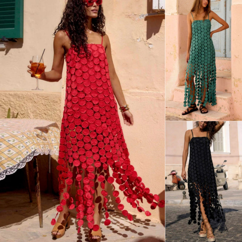 Hollow-Out Polka Dot Midi Slip Dress