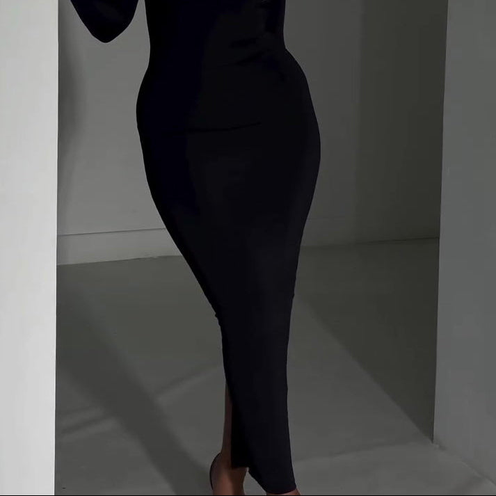 Black Bodycon Midi Dress With Rhinestone Chain Detail And Mesh Sleeves