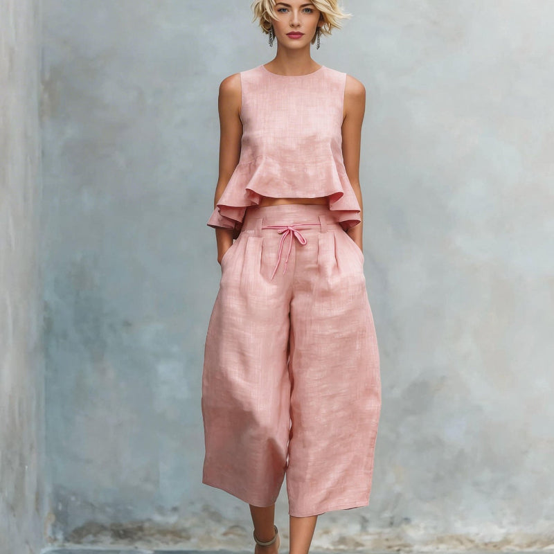 Round Neck Sleeveless Top And Loose Wide-leg Pants - pink