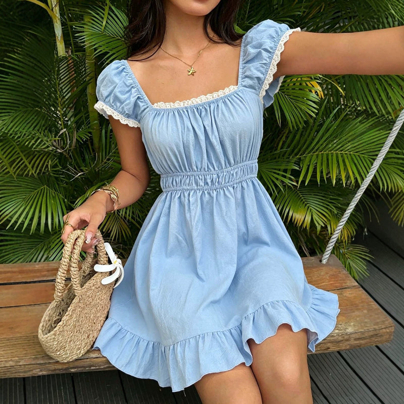 French-Style Square-Neck Puff-Sleeve A-Line Dress - blue