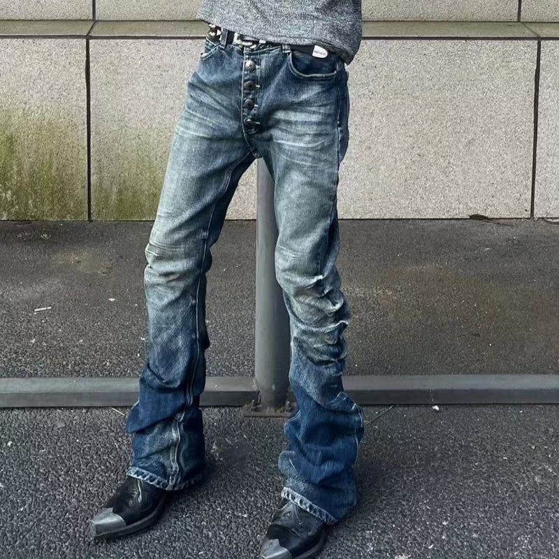Men's Retro Acid-Washed Exposed Button-Fly Relaxed Bootcut Full-Length Denim Jeans